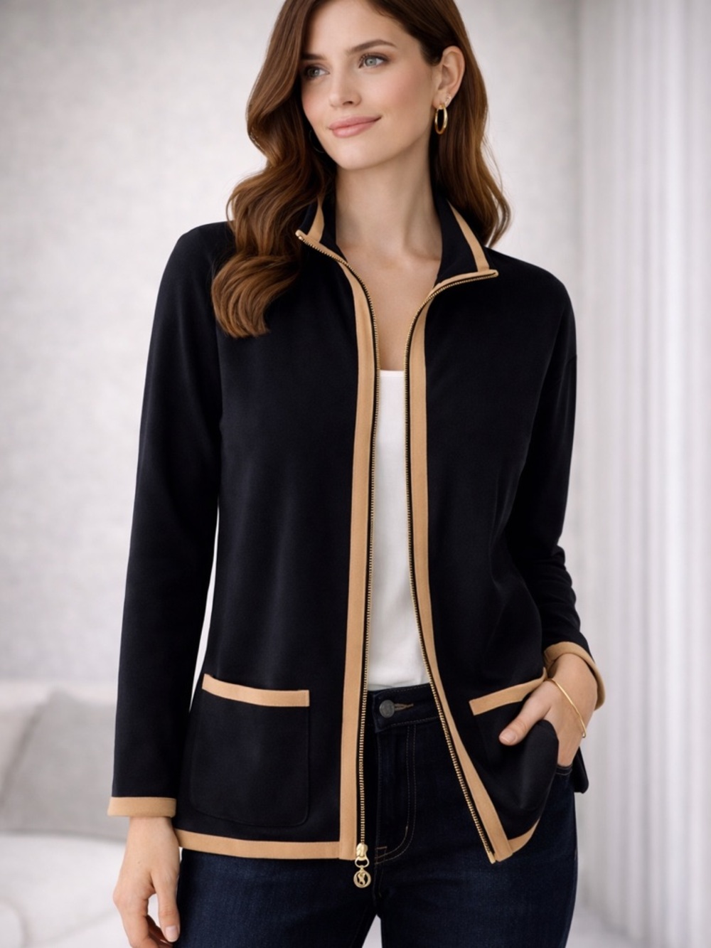 St John Sport Zip Front Jacket Black Tan Trim Logo Pull Size S